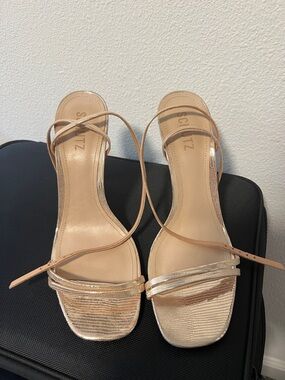SCHUTZ Metallic Nude Strappy Square-Toe Heels